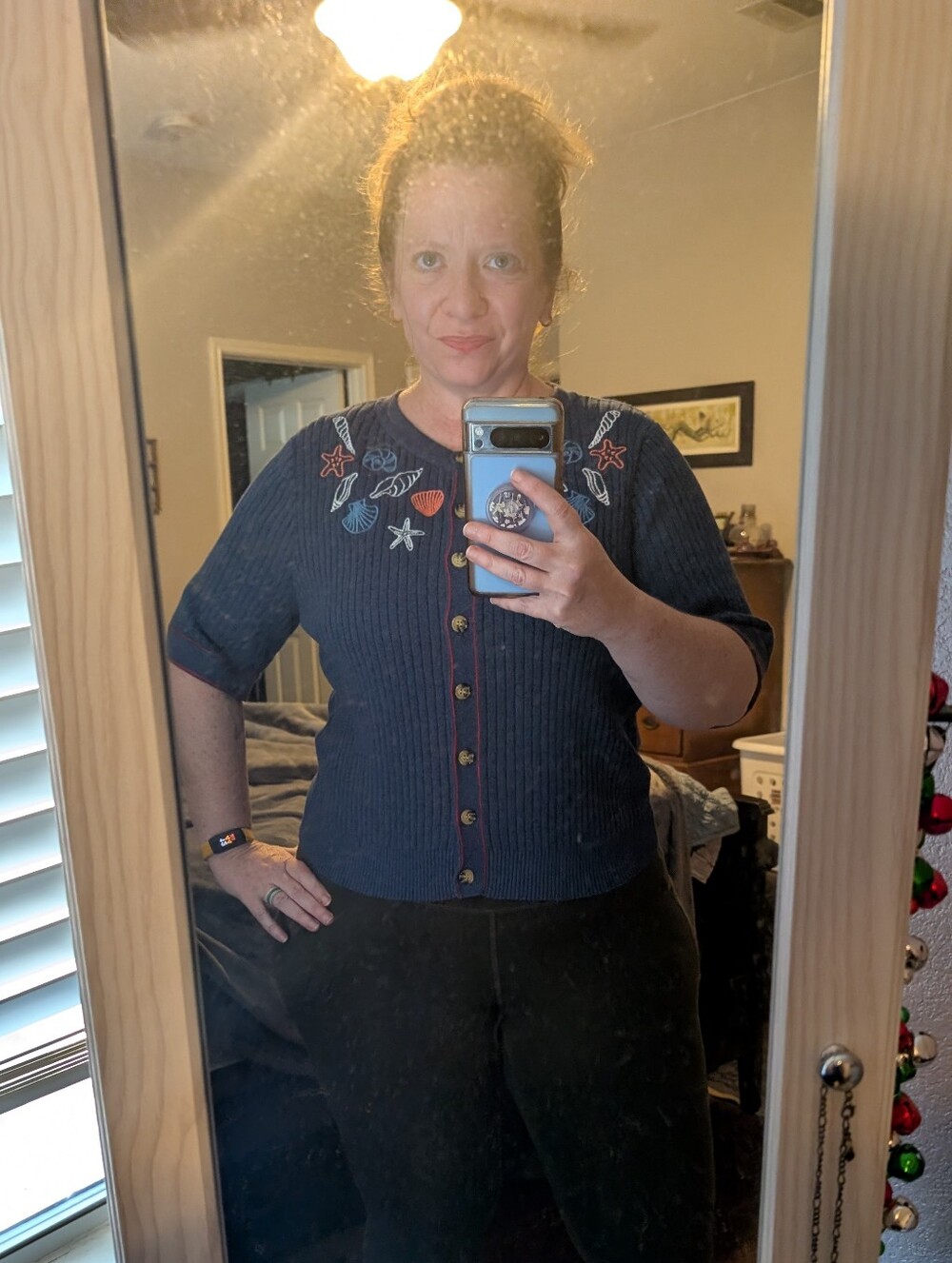 ModCloth Navy Short-Sleeve Knit Cardigan with Orange Shell Embroidery - Picture 5 of 5